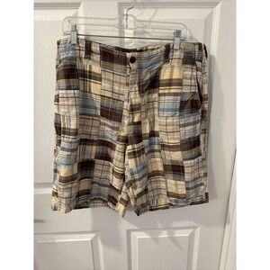 Arrow Plaid Patchwork Shorts Men's sz‎ 36 Blue Beige Madras Pockets Preppy